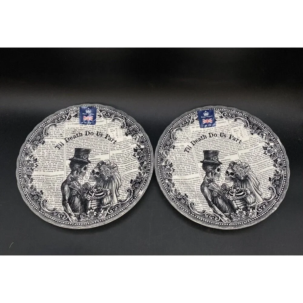 2 X Royal Wessex Halloween Skeleton Goth Wedding 8” Plate Til Death Do Us Part